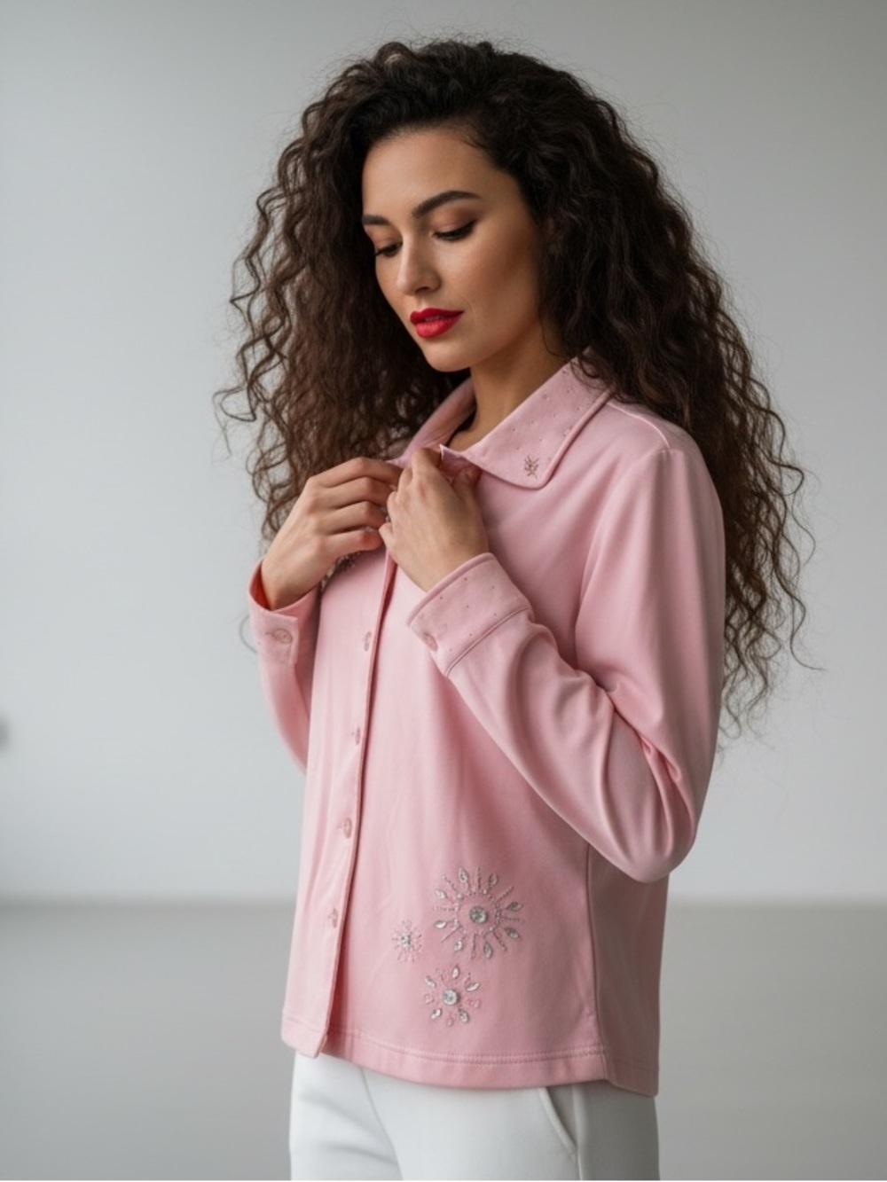 Vintage Alia Pink Embellished Button-Up Blouse / Light Jacket Size 8P